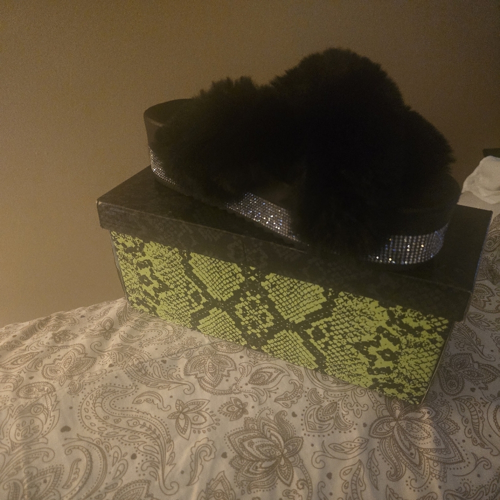 Cape Robbin Black and Silver Rhinestone Fur Platform Slippers